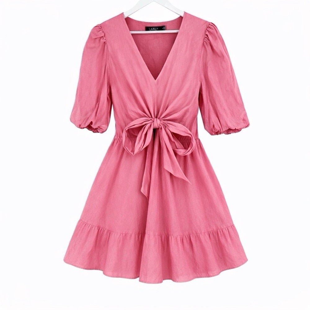 Ralph Lauren Women's‎ 12 Pink Puff Sleeve Dress Tie Front Bow Coquette Feminine